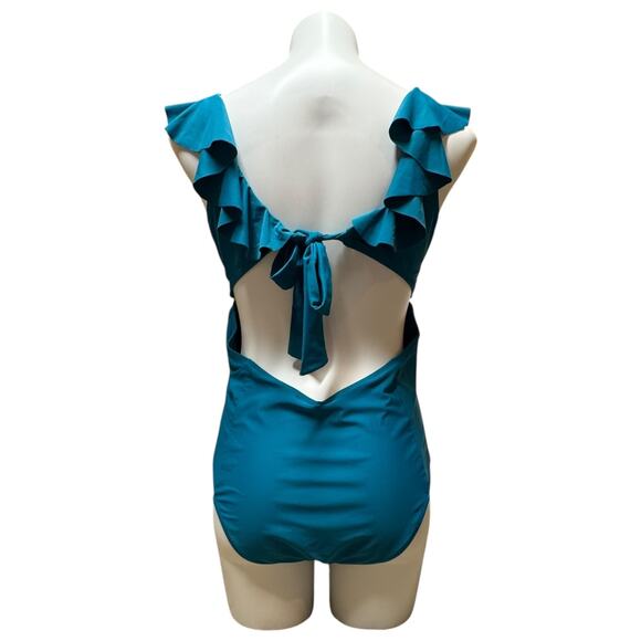 Cupshe Ruffle V-Neck Cutout One Piece Swimsuit Teal XL - Picture 4 of 6